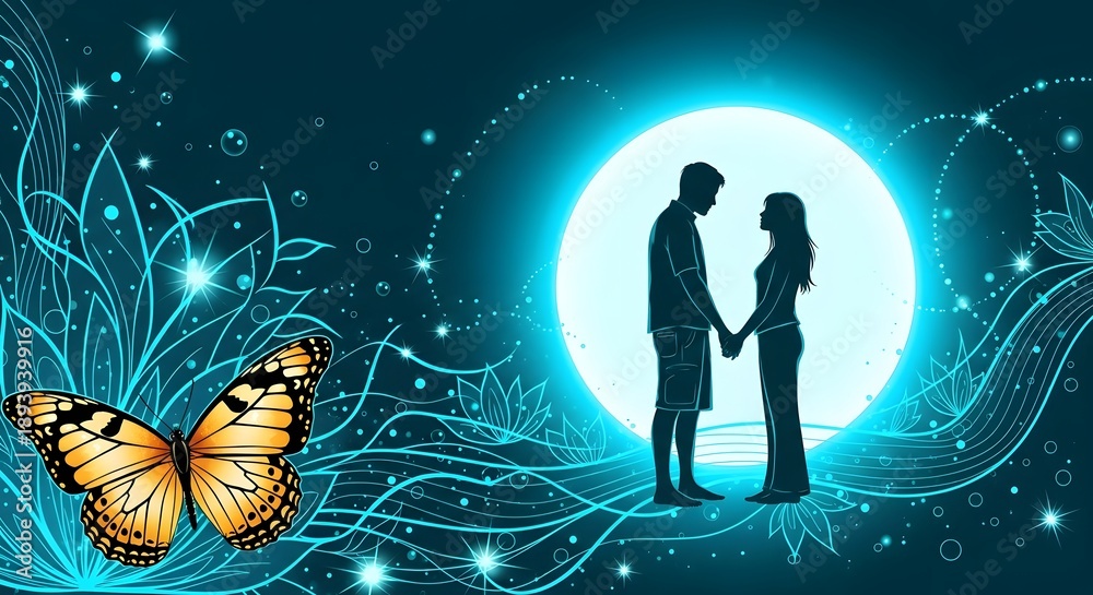 Obraz premium Couple silhouetted against a glowing orb with a butterfly in a magical forest