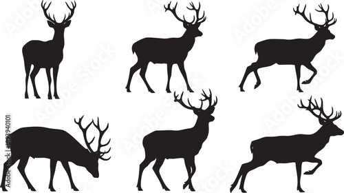 Black silhouettes of deer with antlers on white background