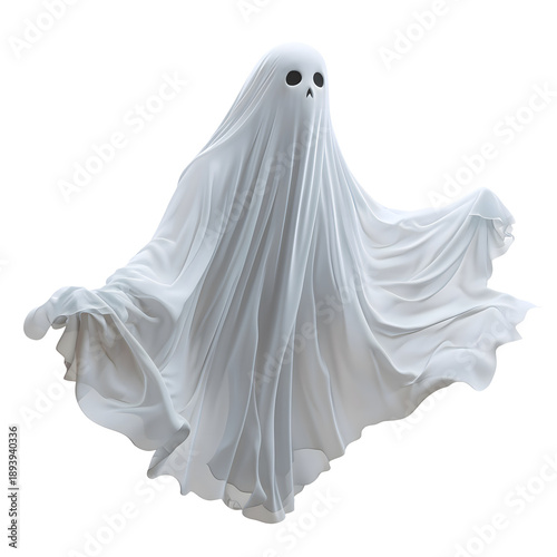 Classic white sheet ghost with dark eyes looking scary. Floating spirit character for Halloween party decorations. Isolated on transparent background.