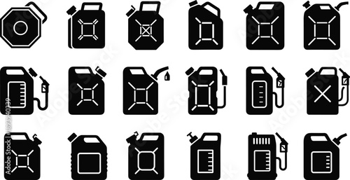 Set of gas canister vector icons, fuel jerry can symbols for petrol storage, oil container silhouettes for automotive emergency, and energy power icons.