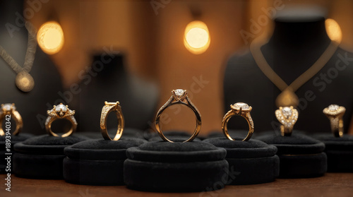 luxury jewelry store display and diamond engagement ring in center and gold band with small diamonds