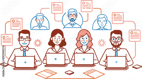 A team of professionals collaborates digitally, sharing documents and ideas in a networked environment isolated on transparent background, Vector