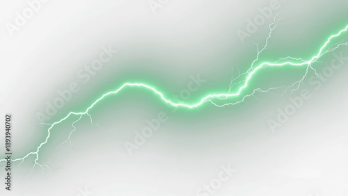 Powerful horizontal neon green lightning bolt with intense electric energy discharge and glowing spark trails isolated on a white or transparent background