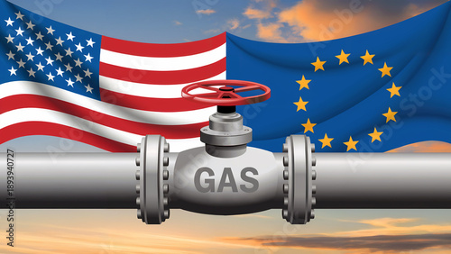 Natural Gas Pipeline Valve with USA and European Union Flags for Transatlantic Energy Trade Concept
