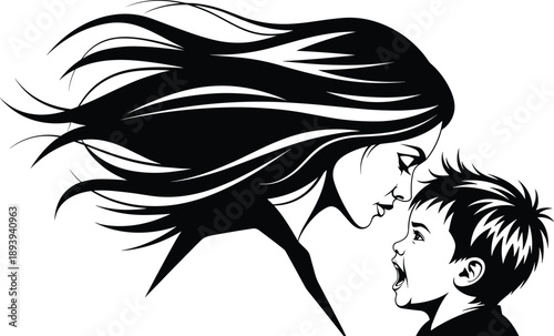 Minimalist black and white profile illustration of a mother with flowing hair sharing an emotional moment with her young child,