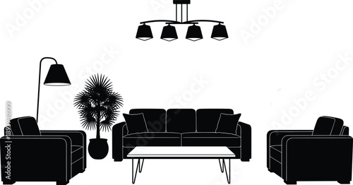 Modern living room furniture set silhouette featuring comfortable sofa, armchairs, coffee table, floor lamp, potted plant, and overhead chandelier for interior design.