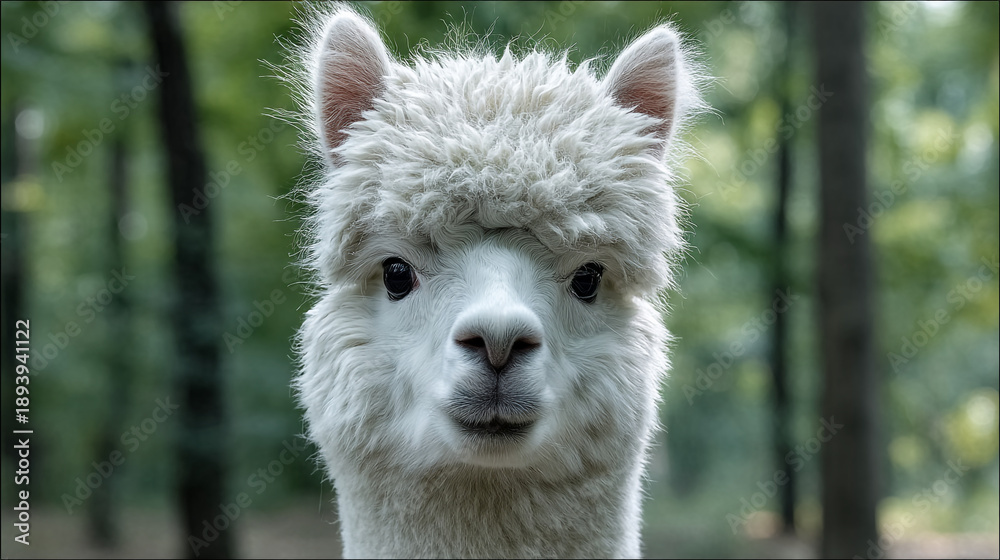 Fototapeta premium Close-up portrait of a fluffy white alpaca with curious eyes