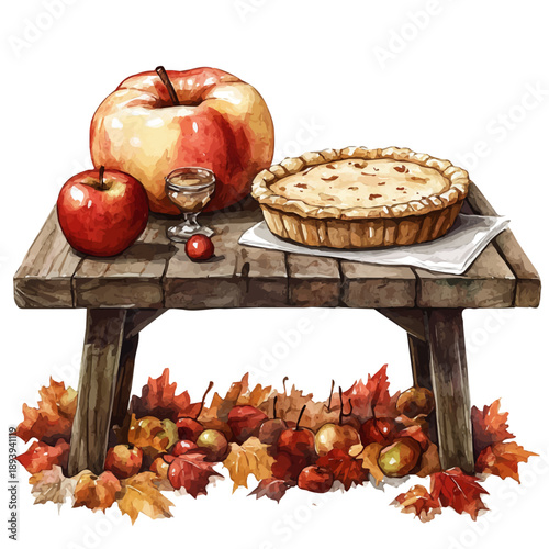 watercolor painting of A Fall Harvest Table With Apples And Pie graphic, isolated on a white background.