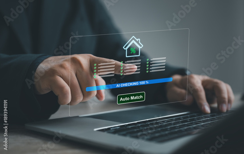 AI-powered real estate verification concept with digital interface and progress indicator, showing automated mortgage checking, property validation, housing finance analysis, and smart financial techn