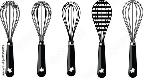 Set of five kitchen wire whisk icons for baking and cooking, featuring different wire densities and handles for culinary design.
