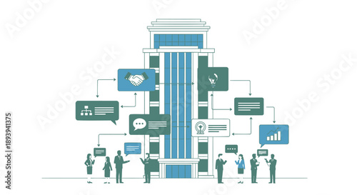 Modern office building with people interacting and various digital icons representing communication data and technology surrounding it