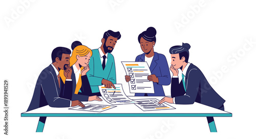 Diverse business team collaborating around table reviewing documents and discussing plans together in modern office setting