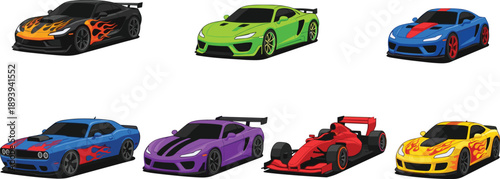Racing cars, sports vehicles, flame decals, colorful designs, muscle cars, Formula 1, car collection, automotive illustration, speed concept, vibrant style, toy cars