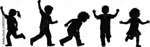 Silhouettes of diverse happy children running and jumping together, active group of kids playing, childhood energy and joy, isolated vector illustration on white.