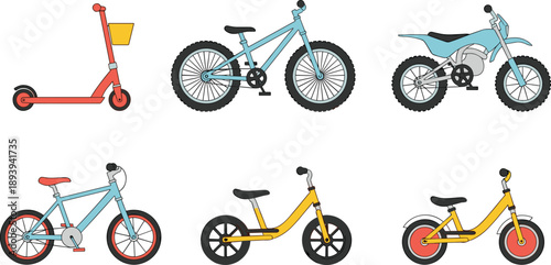 Set of six colorful transport icons for children including bicycles, scooter, dirt bike, and balance bikes for outdoor fun and recreation.