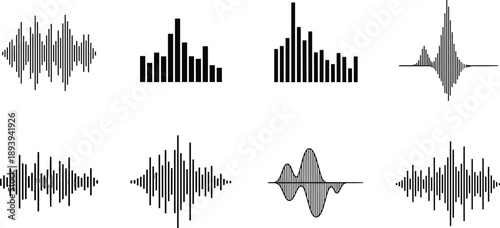 Vector collection of black audio waveform silhouettes and sound frequency equalizer icons for music production, podcasting, voice recording, and digital radio broadcasting.