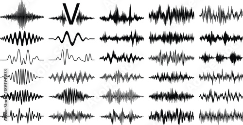 Vector collection of various black audio waveform silhouettes and sound frequency equalizer icons for music production, podcasting, voice recording, and digital radio signals.