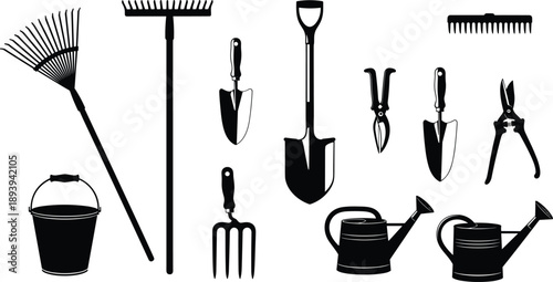 Vector, black, silhouettes, of, various, garden, tools, including, rakes, shovels, watering, cans, buckets, and, shears, for, gardening, landscaping, farming, and, backyard, maintenance