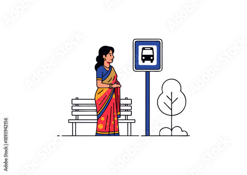 Woman waiting at a bus stop with a bench and a sign depicting a bus, implying public transportation and daily commute