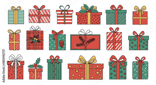 Assortment of colorful wrapped gift boxes with various patterns, bows, and festive decorations for holidays, birthdays, and celebrations.