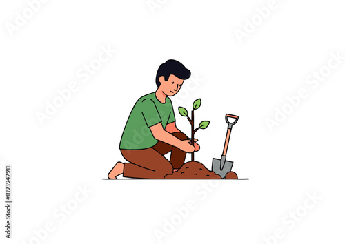 Illustrative scene of a dedicated individual carefully planting a small sapling, symbolizing commitment to nature conservation and fostering a greener planet for future generations