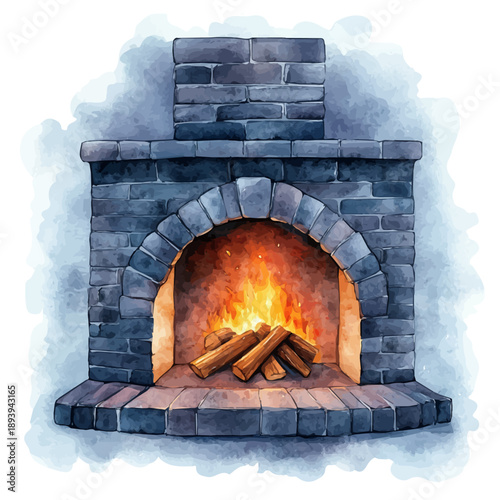 watercolor painting of A Cozy Fire Crackling In The Fireplace graphic, isolated on a white background.