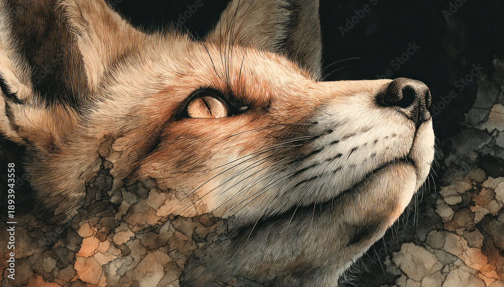 Obraz premium An artistic portrait of a fox, executed in a painting-graphic technique with highly detailed fur and expressive chiaroscuro accents. 