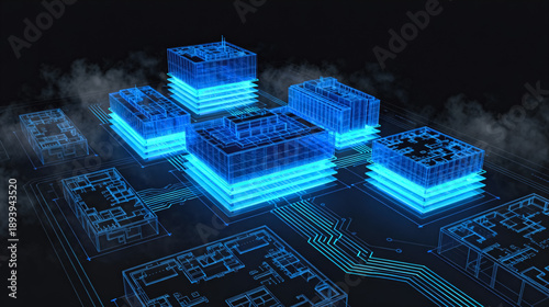 Futuristic Digital Buildings on Circuit Board with Blue Glow