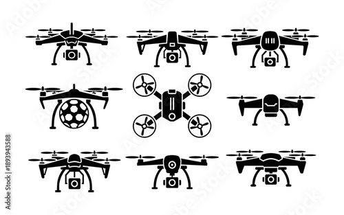Silhouettes of drone icon set. Icon set of various kinds of drones. Vector illustration.
