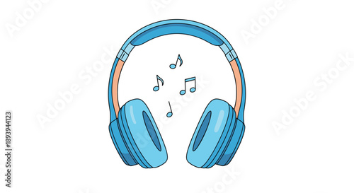 Modern blue wireless headphones illustrated with floating musical notes in the center, representing high quality audio and listening.
