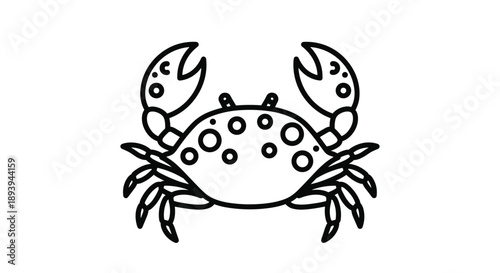 Simple black and white line drawing of a crab with a spotted shell and pincers, perfect for marine life and seafood themed illustrations.