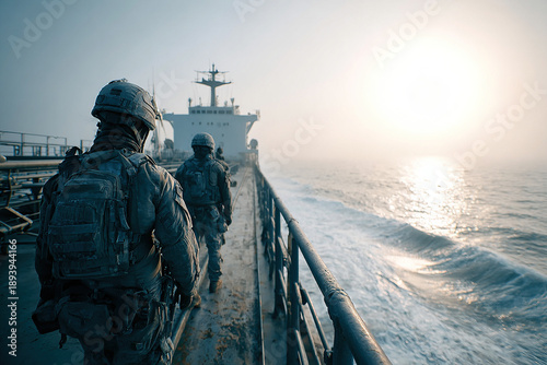 Operation involving oil tanker seized during military action at sea in early morning light