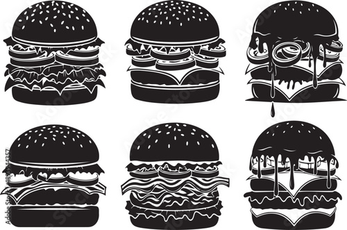 A monochromatic illustration showcases six detailed hamburger variations each with layered ingredients like patties cheese lettuce and tomato high-quality professional modern elegant stylish clean