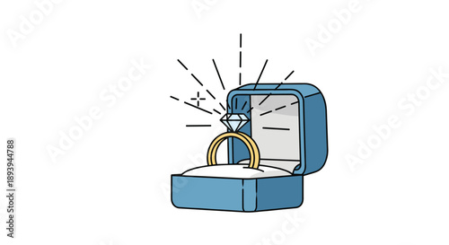 Sparkling diamond engagement ring displayed in an open blue velvet jewelry box with rays of light, symbolizing love and commitment.