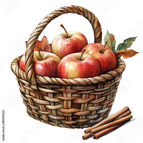 watercolor graphic of A Basket Of Fresh Apples And Cinnamon Sticks illustration, isolated on a white background.