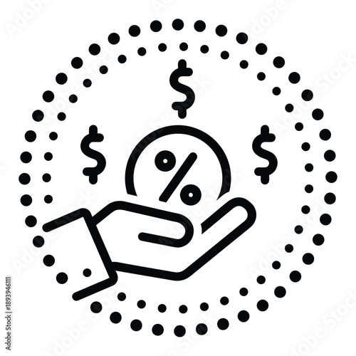 Hand holding money and percentage sign within a dotted circle