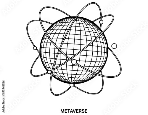 Metaverse Global Network Icon Illustration, Minimalist Grid World Globe with Orbiting Nodes Symbol, Black and White Vector for Virtual Reality and Digital Connection Isolated.
