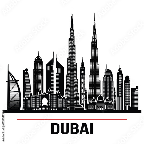 Stylized skyline illustration of dubai featuring burj khalifa and other buildings
