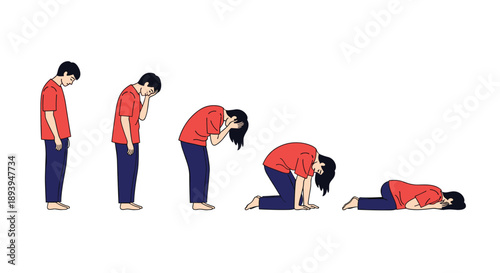 Sequence of five character poses showing a person in a red shirt bowing from a standing position down to the ground.