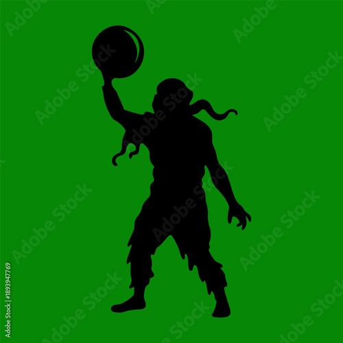 A silhouette of a ragged creature or zombie holding up a large sphere green background