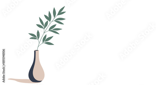Minimalist home decor featuring a single tall green leafy branch in a simple two-tone ceramic vase on white background.