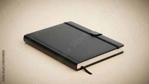 Black leatherbound journal with elastic closure and bookmark on beige background