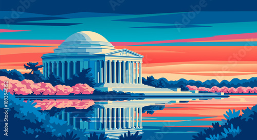 Vibrant pixel art vector illustration showcasing a majestic neoclassical building reflected in water with blooming cherry trees at sunset