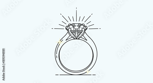 Exquisite black line drawing of a large shining diamond ring with golden sparkles and radiating light for engagement themes.