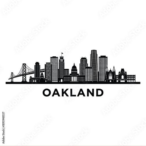 Photos Oakland skyline silhouette with bridge and city buildings illustrated