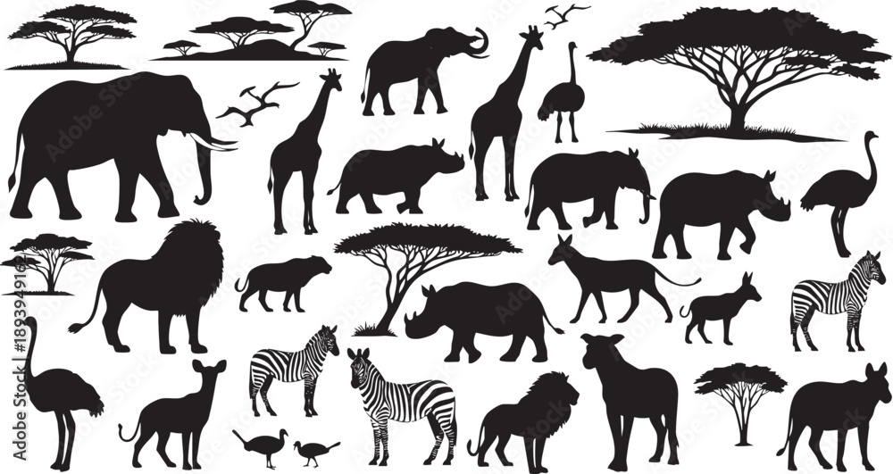 Fototapeta premium Black silhouettes of various african animals and trees on white background savanna