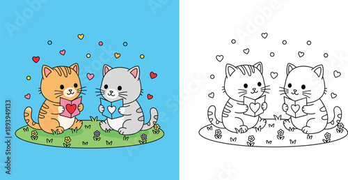 Cute cats reading love letters coloring book page for kids with valentine theme vector illustration