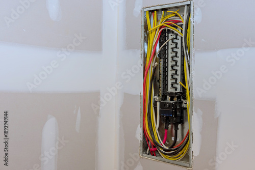 Fotografie Wires link to circuit breakers in an electrical panel at construction site prior to installation inspection