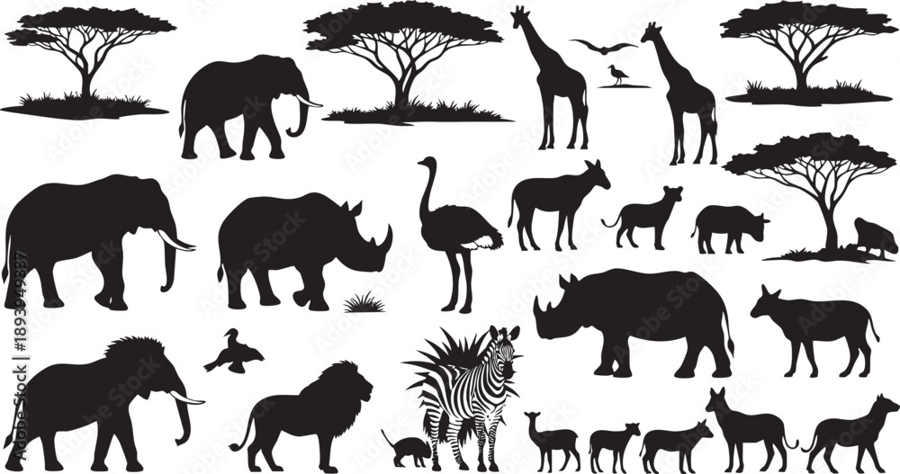 Fototapeta premium Black silhouettes of various african savannah animals and trees on white background animal silhouettes