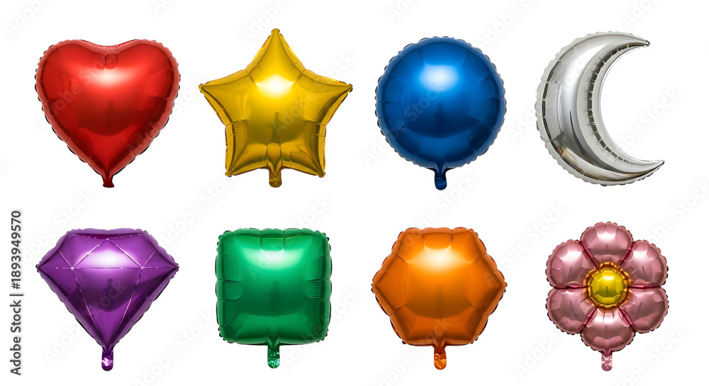 Fototapeta premium Colorful party balloons and shapes floating on white background